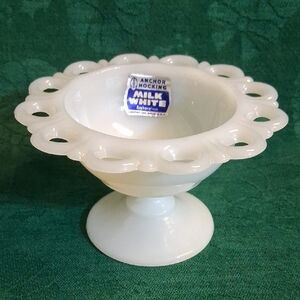 Vtg Anchor Hocking Old Colony Open Lace Edge Milk Glass Pedestal Bowl